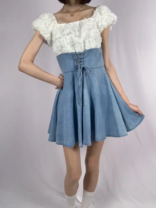 White Rose Light Denim Dress