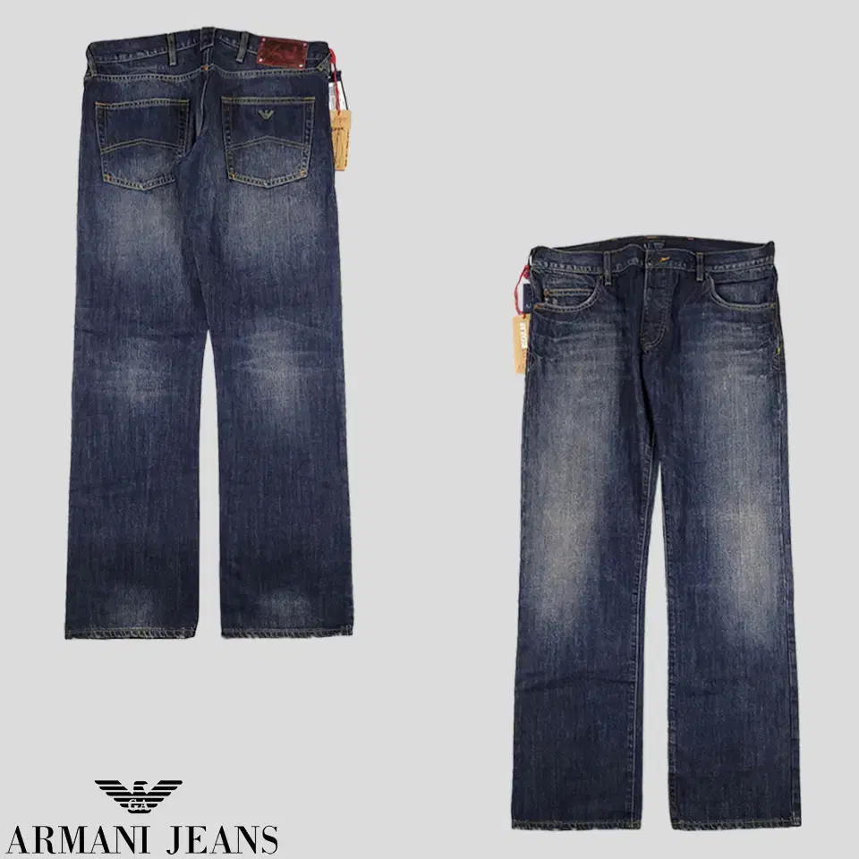 Armani Jins Dark Blue Wash Destroyed Straight Fit Jeans Denim Pants New