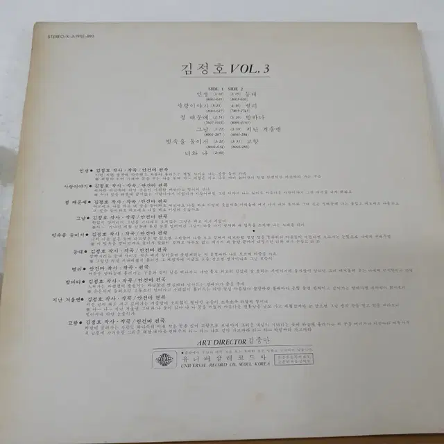 김정호3집 LP  인생  1980     안건마편곡.