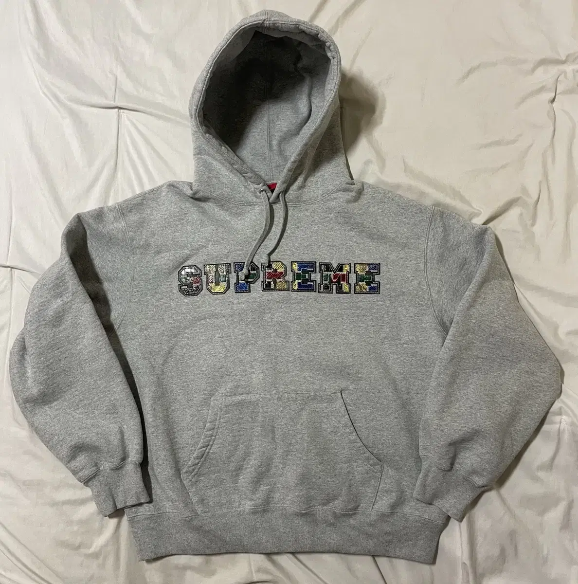 23FW Supreme Collegiate Patchwork Hoodie Grey Size S