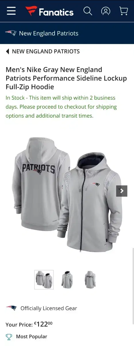 Nike NFL Dry Fit Swoosh New England Patriots Full Hooded Zip Up Jacket L