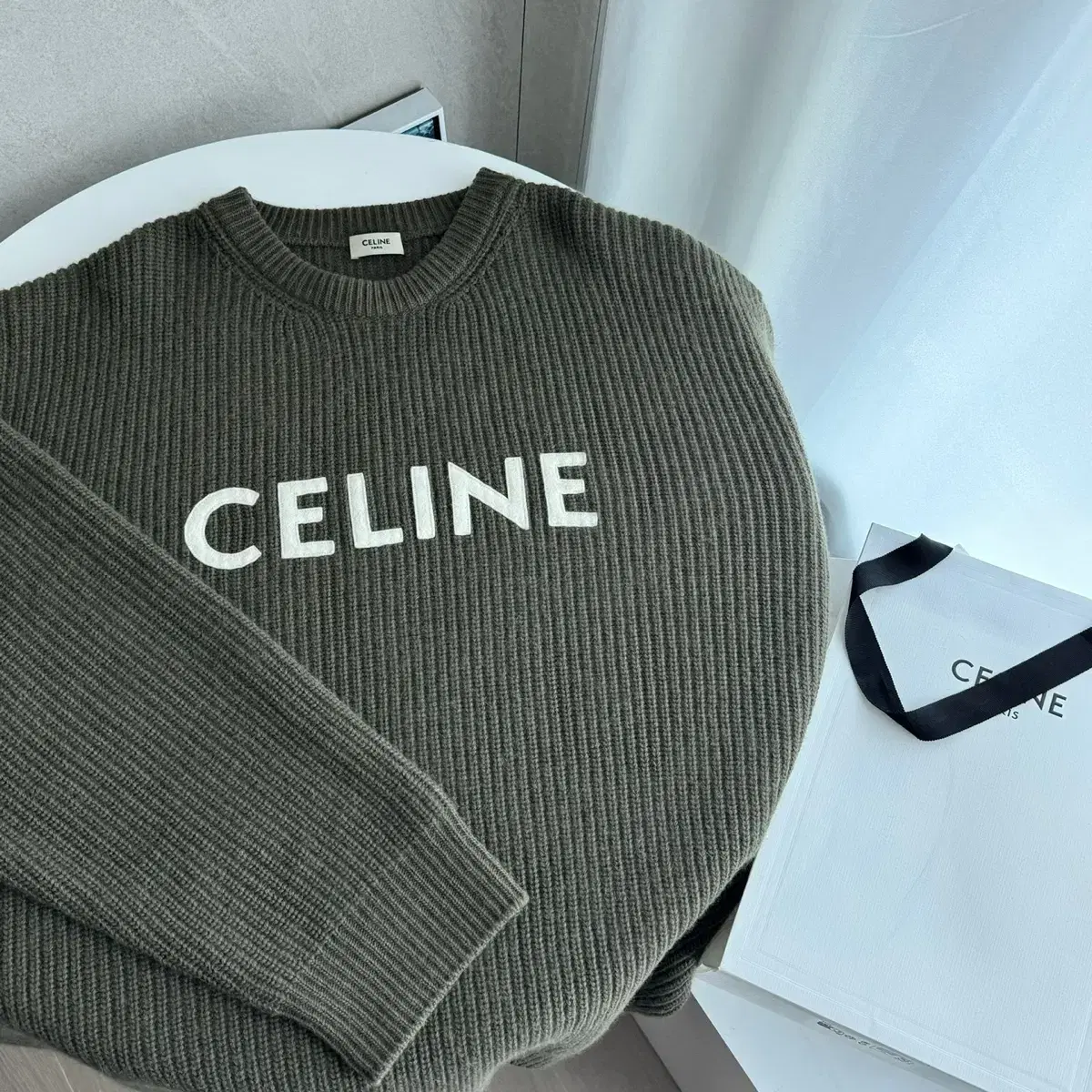 Seline Ribbed Lettering Knit Khaki