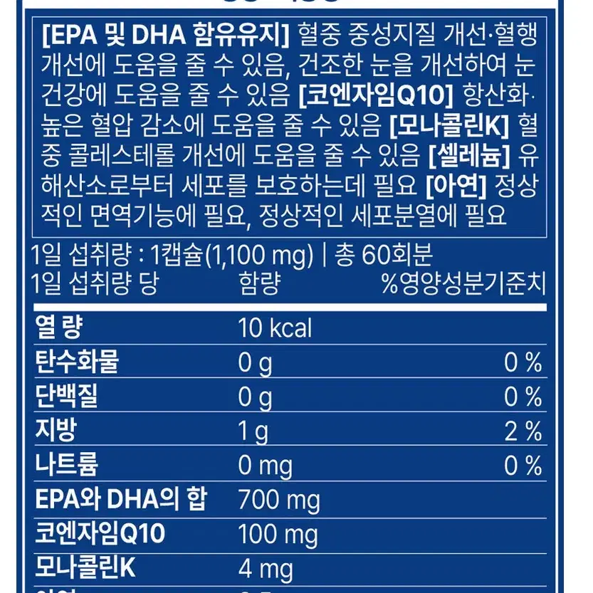 무료배송 데일리 웰니스 오메가코큐텐 60캡슐 항산화  코엔자임 Q 10