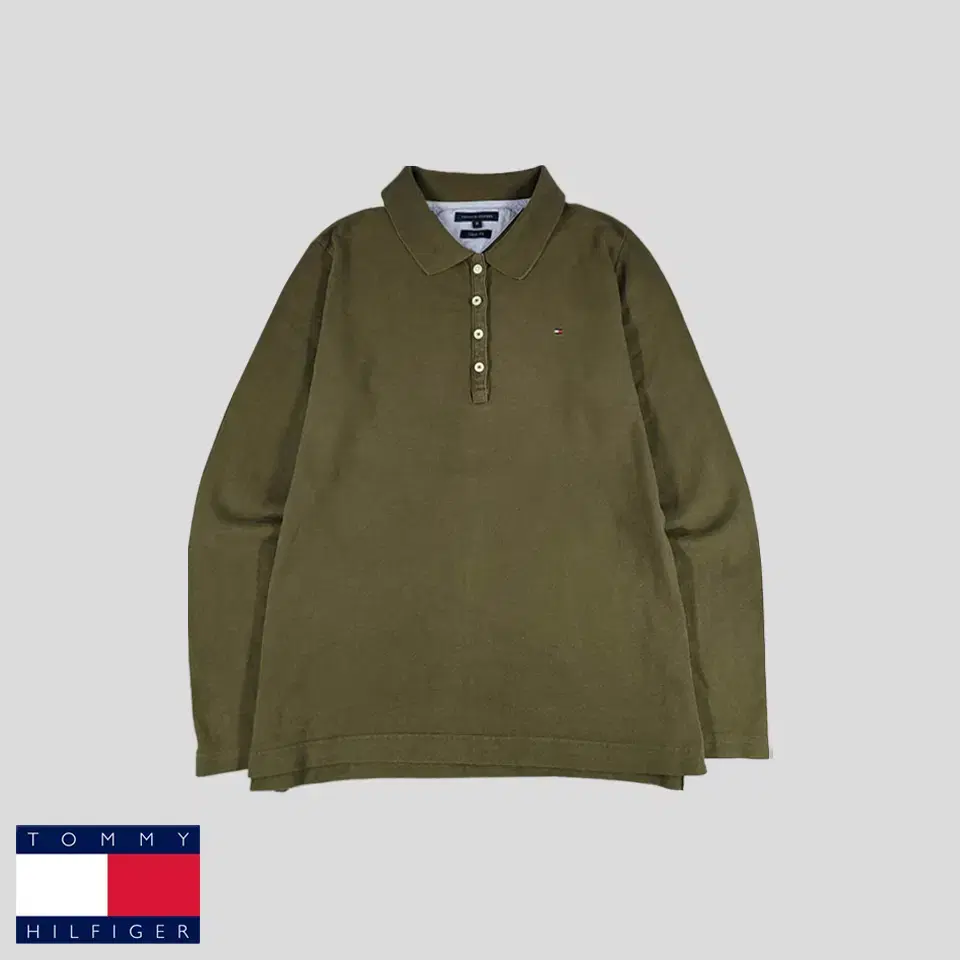 Tommy Hilfiger Pigmented Olive Khaki Green Tommy Logo Cotton Blend Kara Neck Long Sleeve T-shirt