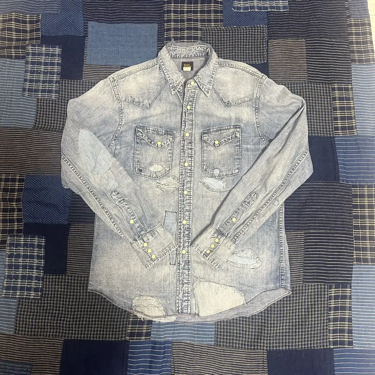 RRL distressed denim western shirt M