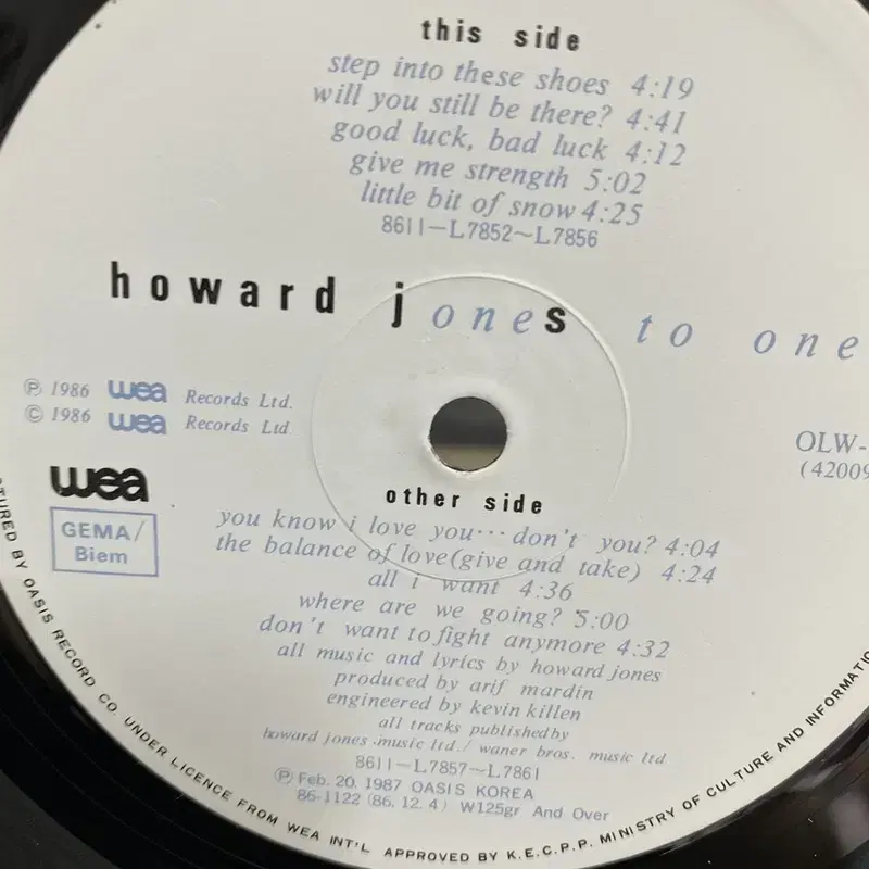 HOWARD JONES TO ONE LP / AA4606