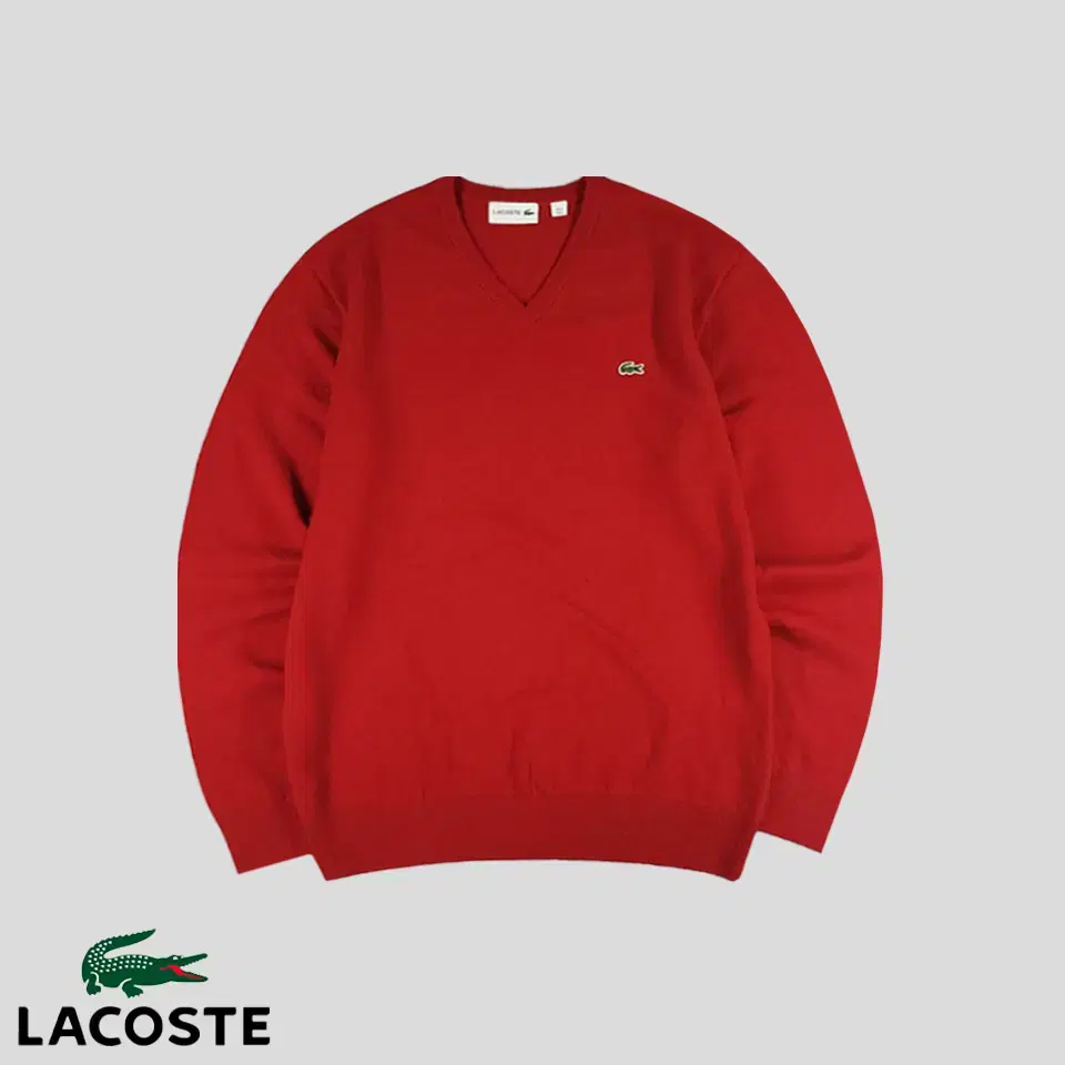 Lacoste Red Crocpatched Wool100 Simple Casual V-Neck Knit L