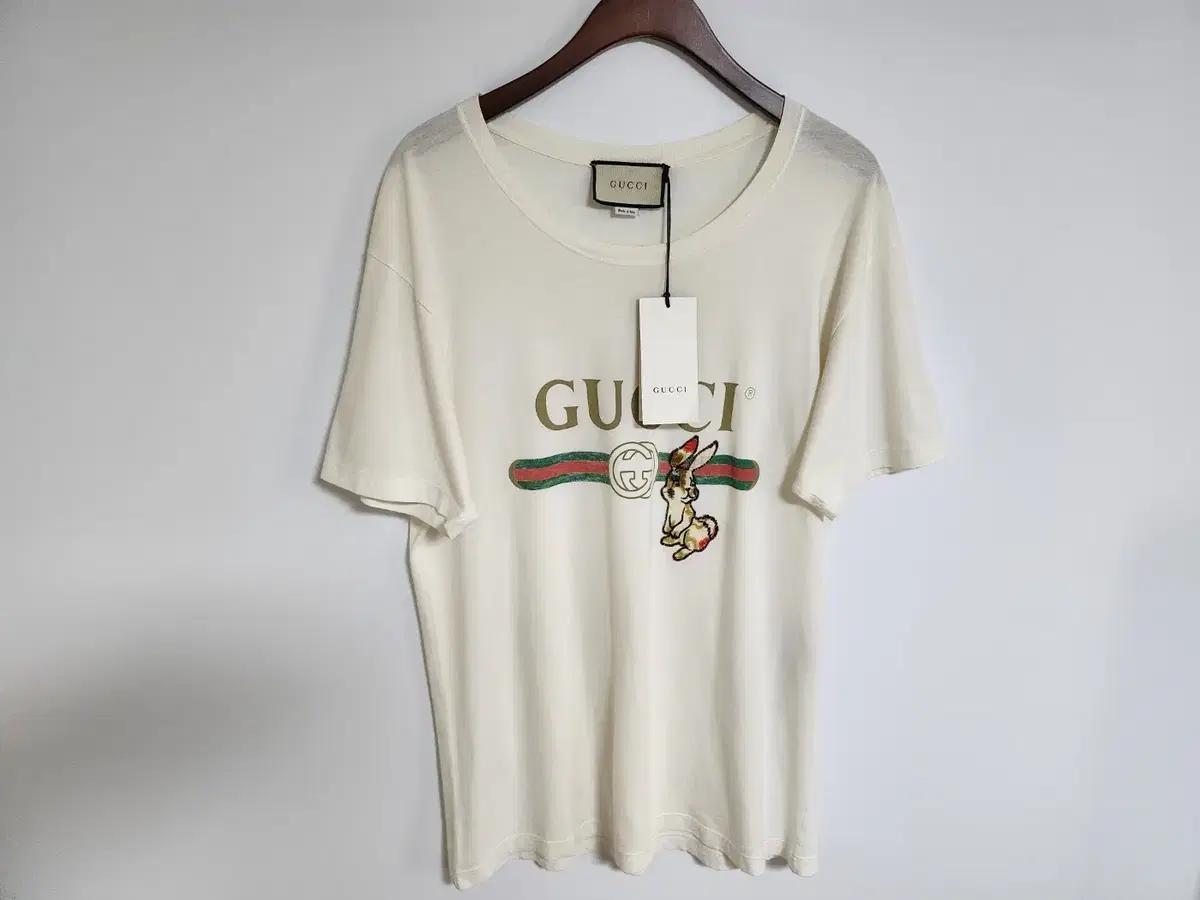 S Gucci White Vintage Rabbit Stripe Logo Short Sleeve T-shirt 493117 X9V42