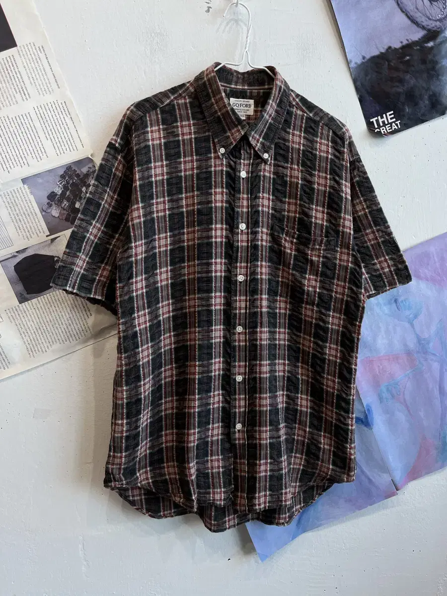 JapanVintage GQ FORD Seersucker Check Short Sleeve Shirt L