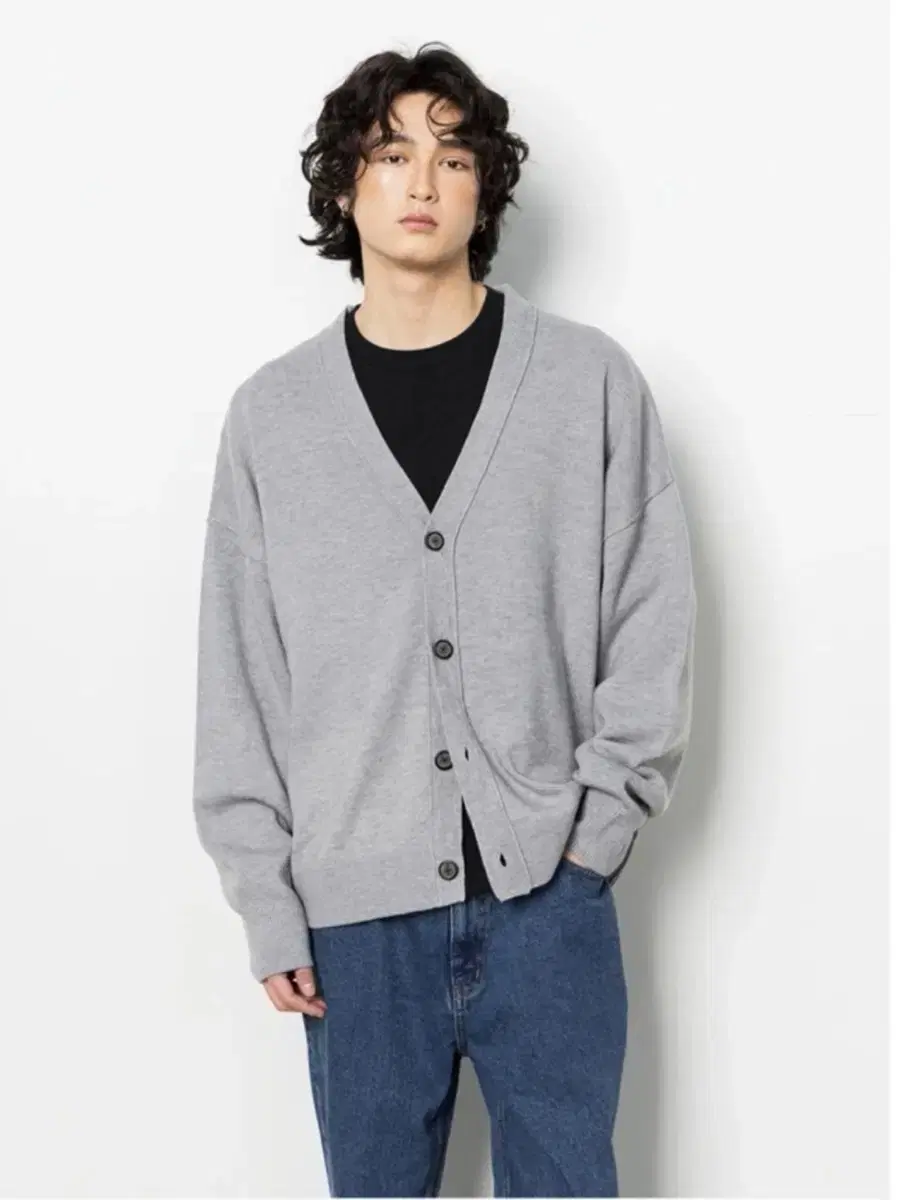 Back Point Logo V-neck Oversized Cardigan Gray