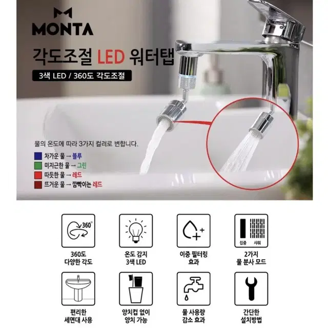 (새상품)MONTA 각도조절 led 워터탭/수도필터