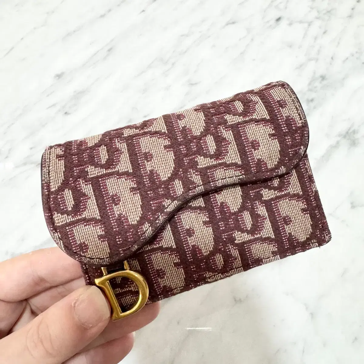 [Genuine] Dior Oblique Saddle Kard Wallet Burgundy