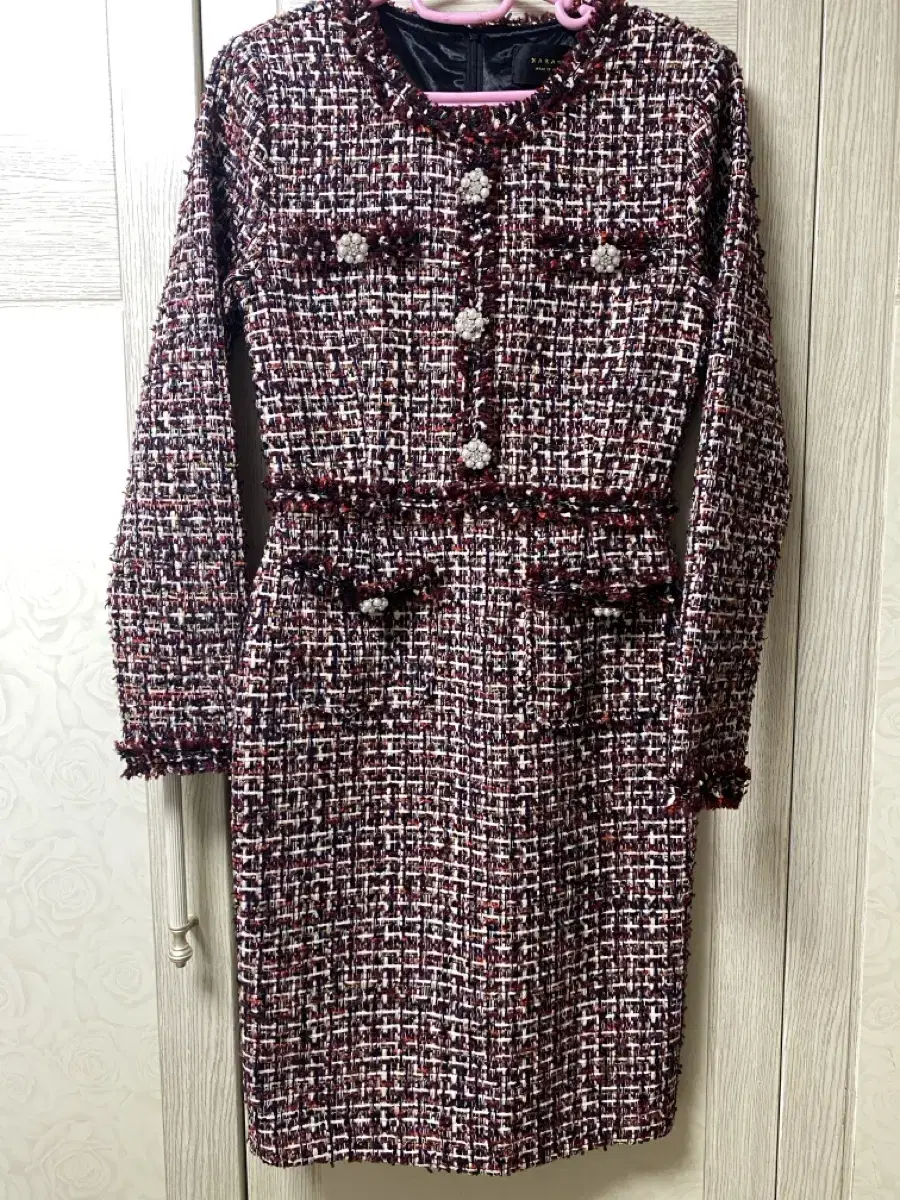 [vintage/bridal/formal]red tweed long sleeve midi ONEPIECE