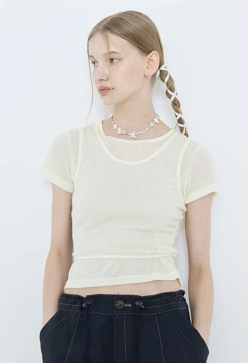 라티젠  L4 ribbon layerd t-shirt ivory