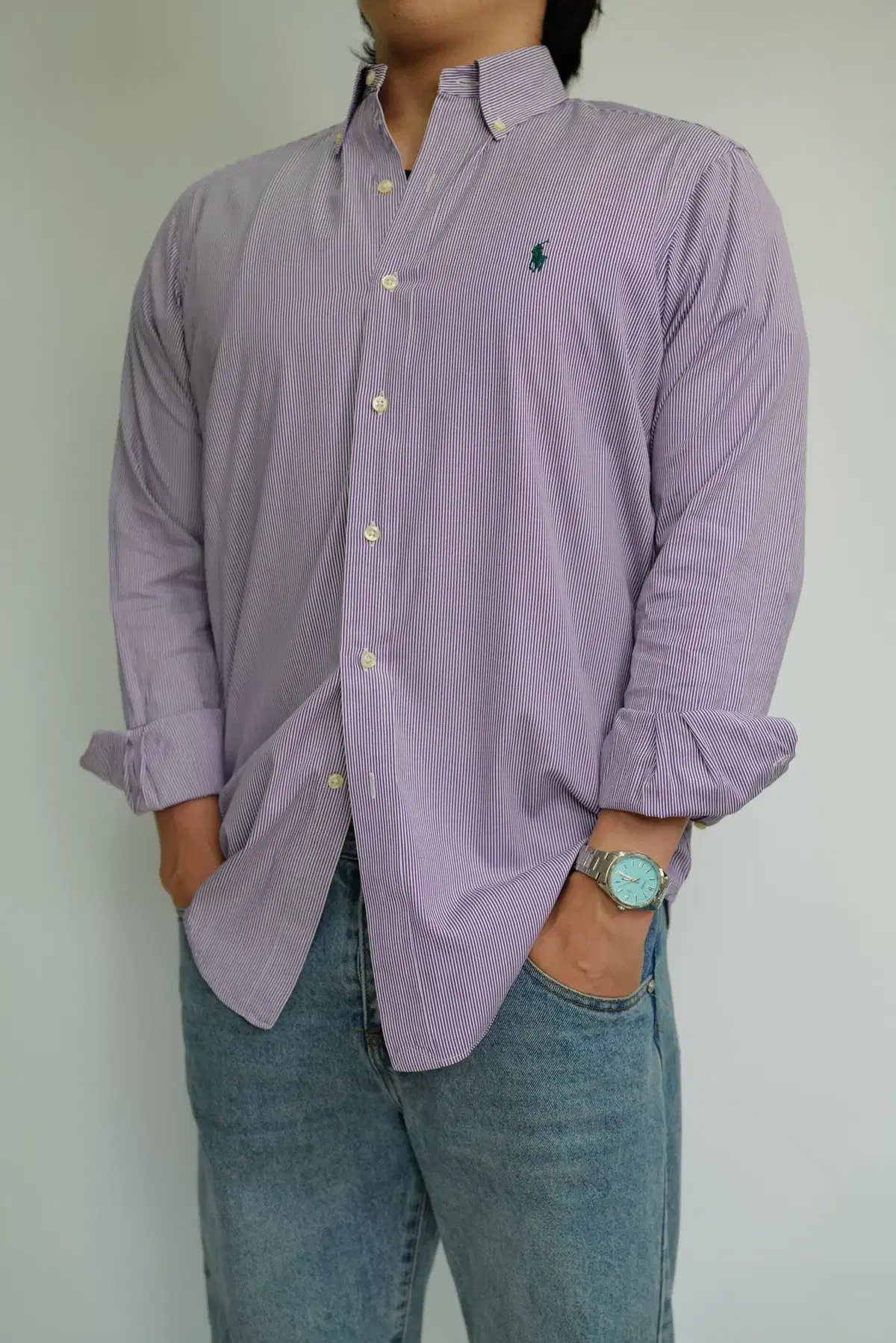 [ L ] Polo Ralph Lauren E.J.I. Care Cotton Striped Shirt (Purple)/ 21.