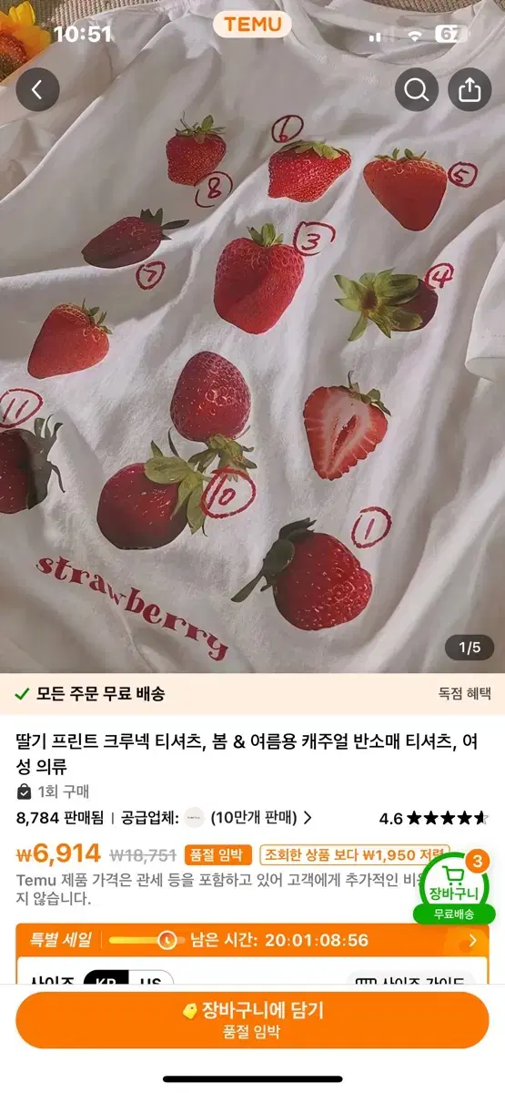 테무 딸기 프린팅 티셔츠