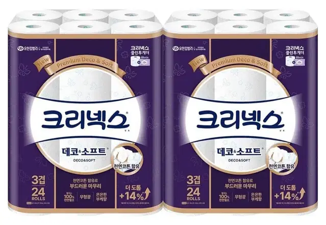 크리넥스데코앤소프트 3겹28MLX24롤2팩천연펄프화장지 23900원