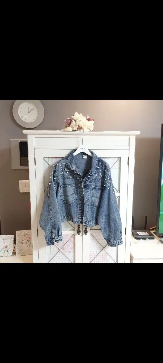 Pearl-embellished denim jacket/55~66