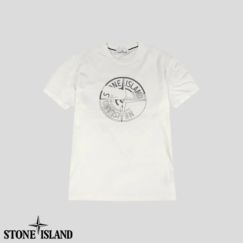 Stone Island White Gray Windrose Logo Printed Cotton Short Sleeve T-Shirt L