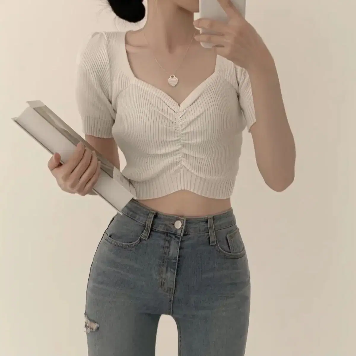 하트넥 셔링 골지 크롭 반팔 니트