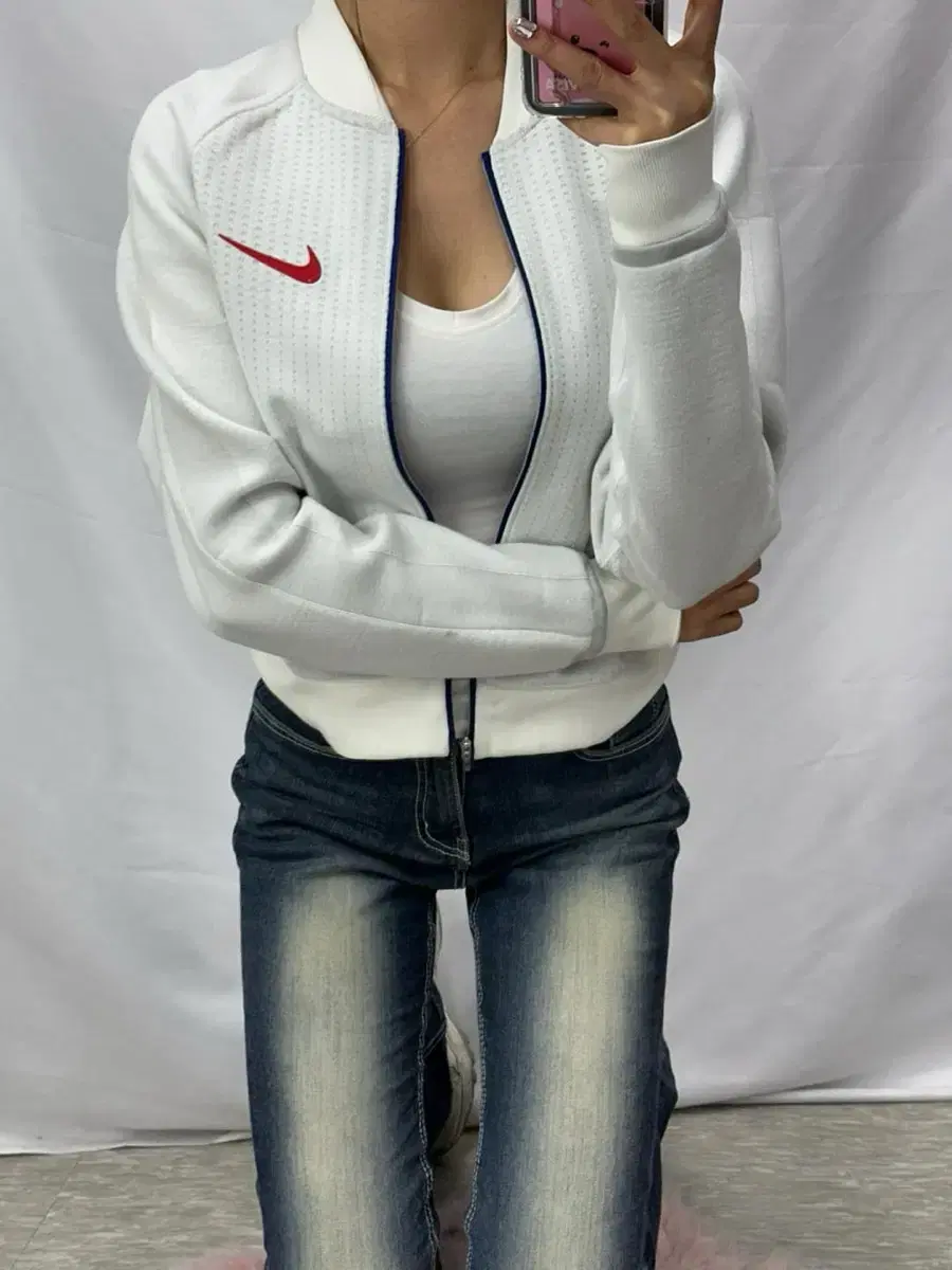 Nike Solo Swoosh White Jun New Semi Crop Varsity Jacket (90)