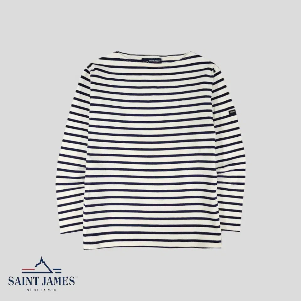 St. James White French Navy Striped Heavy Cotton Boatneck Long Sleeve T-Shirt