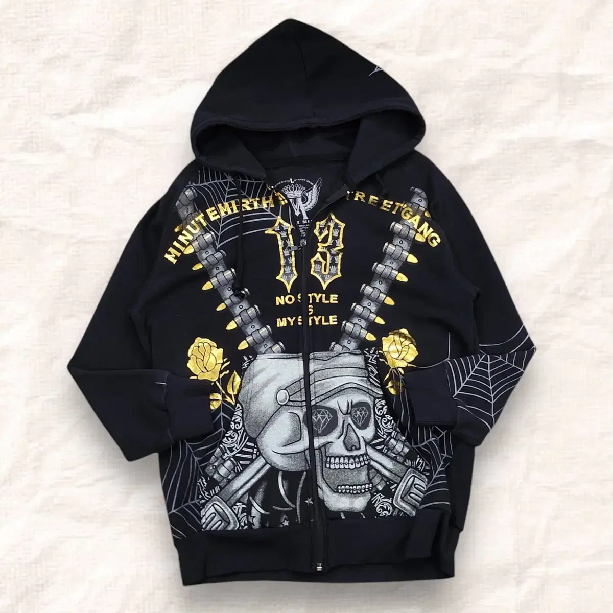 [L] MINUTE MIRTH Vintage skull print hoodie zip-up black