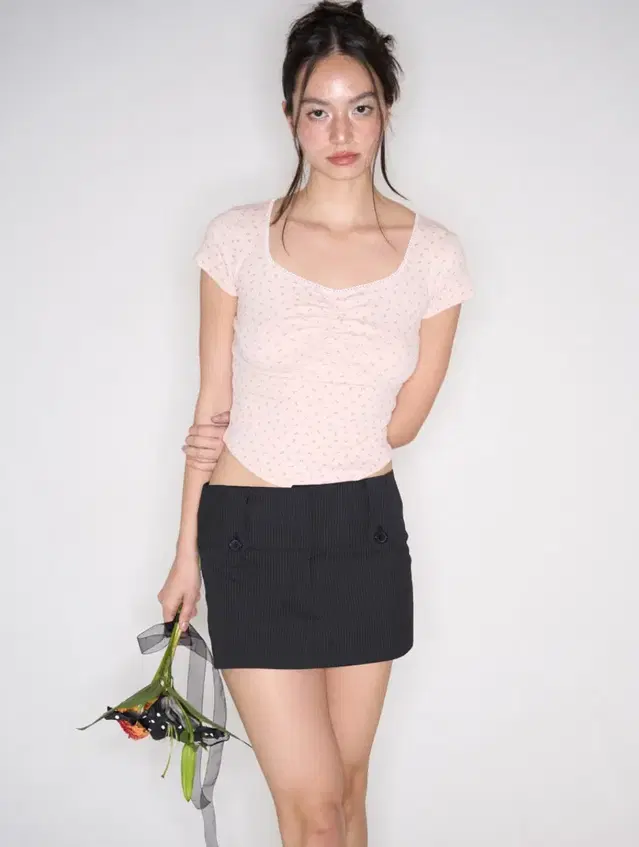 플리즈노팔로우 Daisy Lace Shirring Short Top 핑크