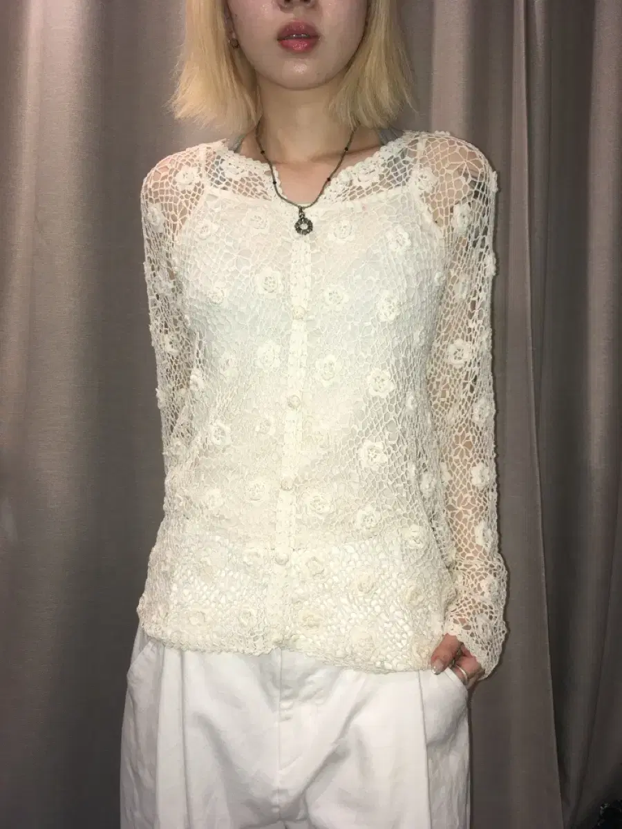 -Japanese vintage ivory crocheted flower cardigan + sleeveless