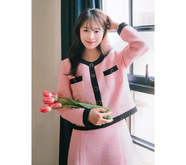 밀크코코아 자켓 1566-contrast tweed jacket.pink