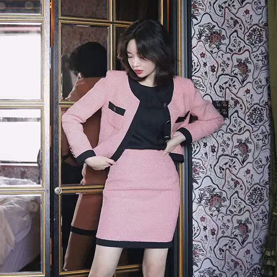 밀크코코아 스커트 contrast tweed skirt.pink