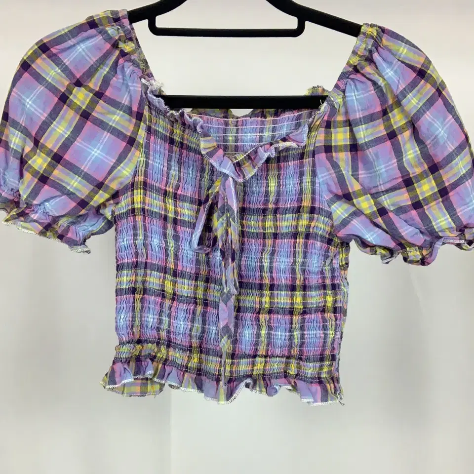 Lavender Check Square Neck Smoke Blouse