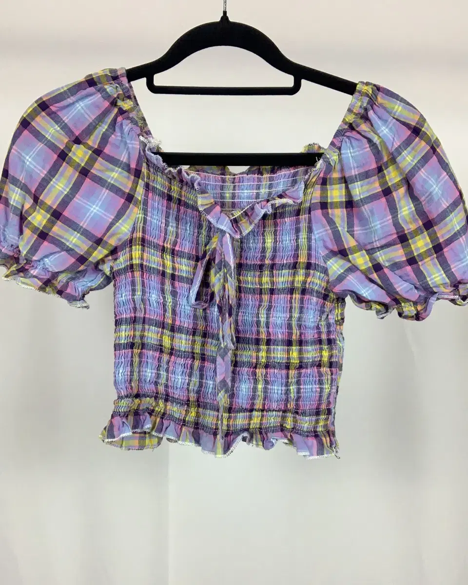 Lavender Check Square Neck Smoke Blouse