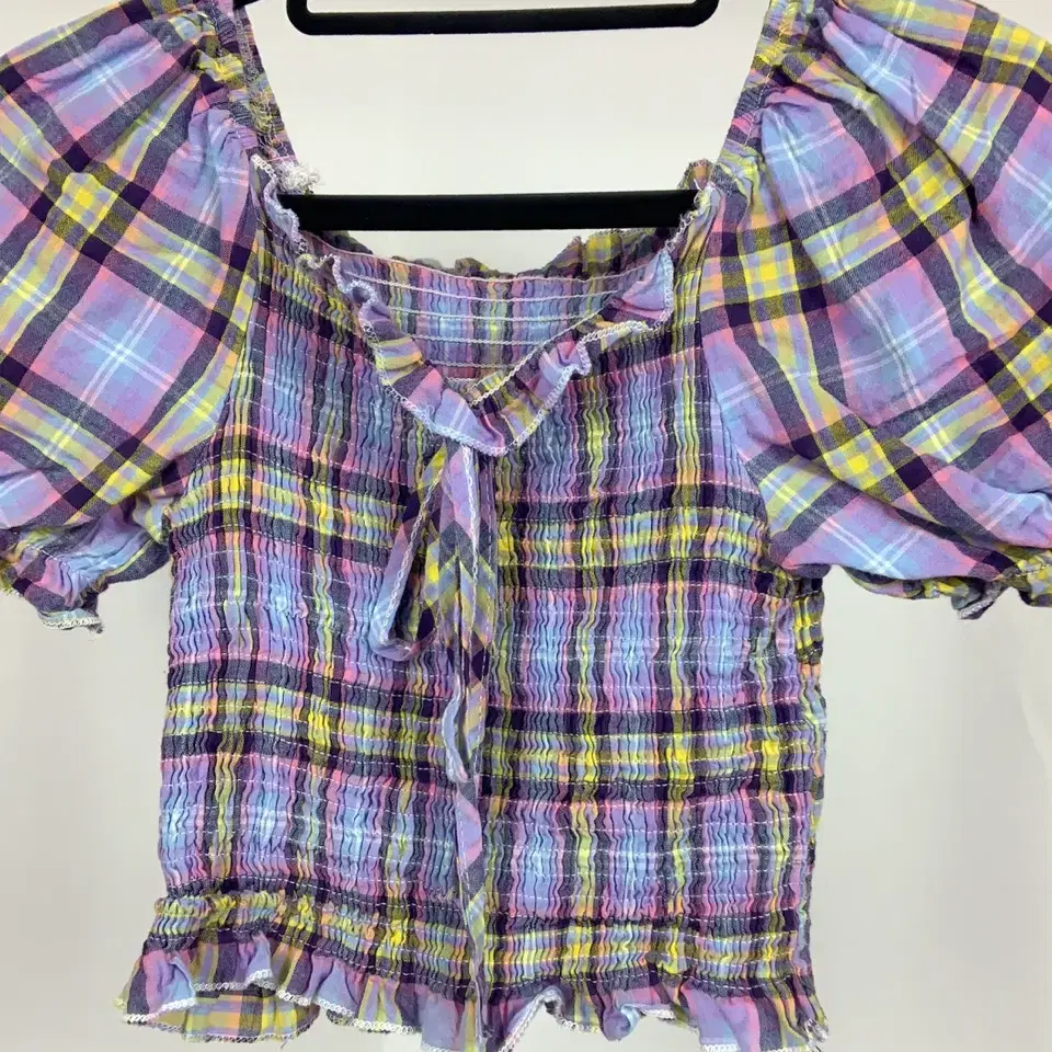 Lavender Check Square Neck Smoke Blouse