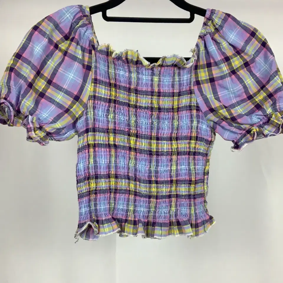 Lavender Check Square Neck Smoke Blouse