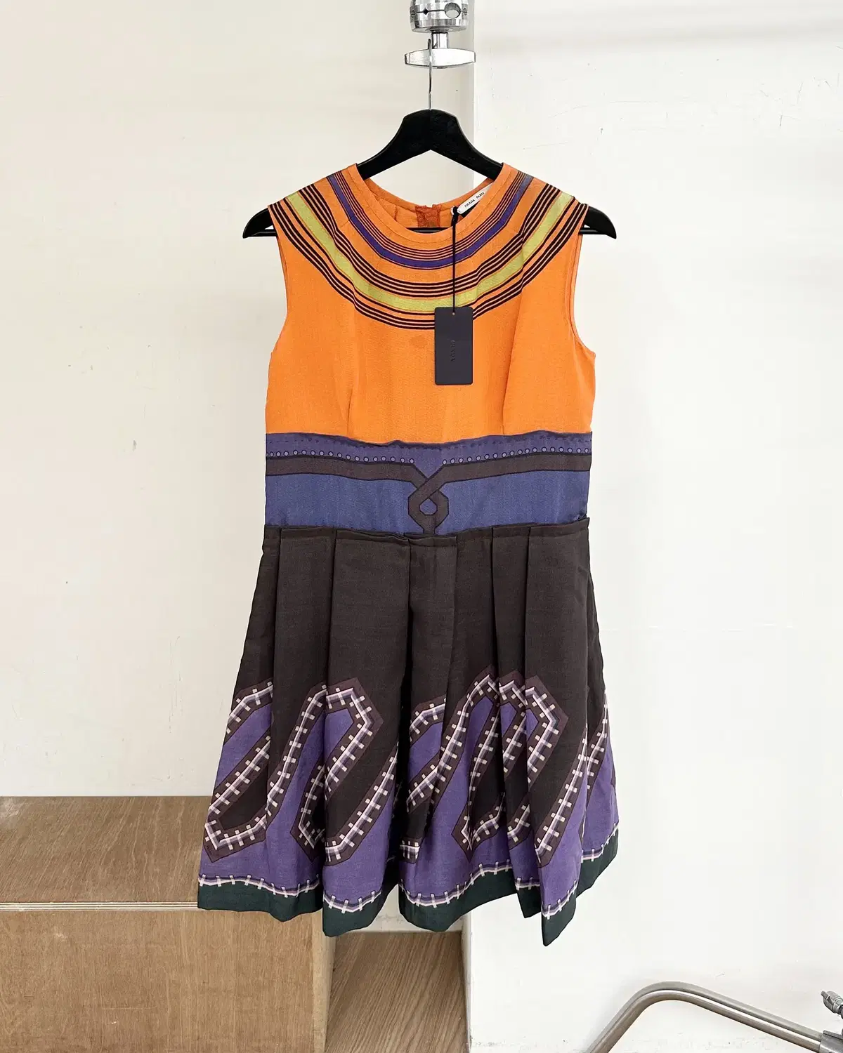 Prada Multicolored pintucked cathedral tassel sleeveless ONEPIECE