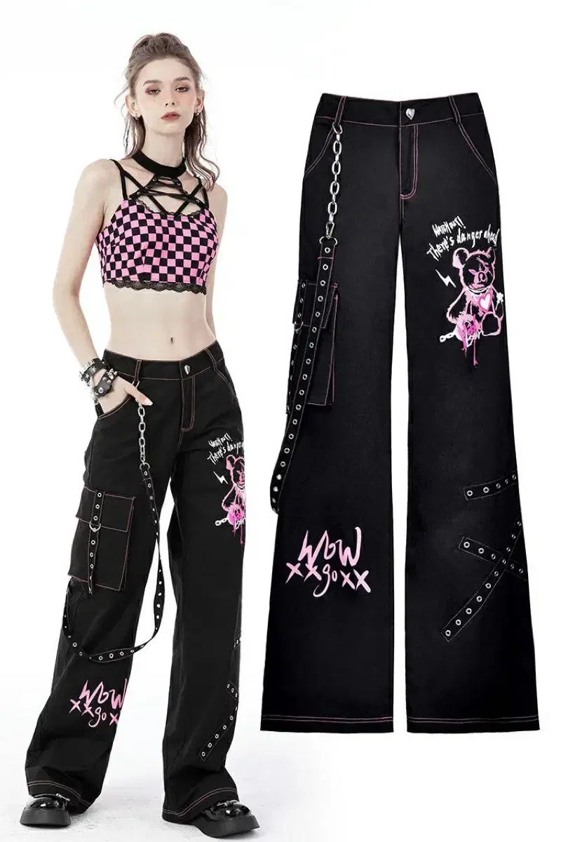 Rock Shop Dark In Love Punk Pink Heartbear Exhaust Chain Trooper Pants Pants Punk Rock Y2K