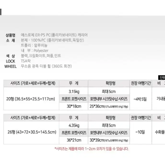 에스로체 100% PC 프론트포켓 여행용 캐리어 싸게 판매합니다