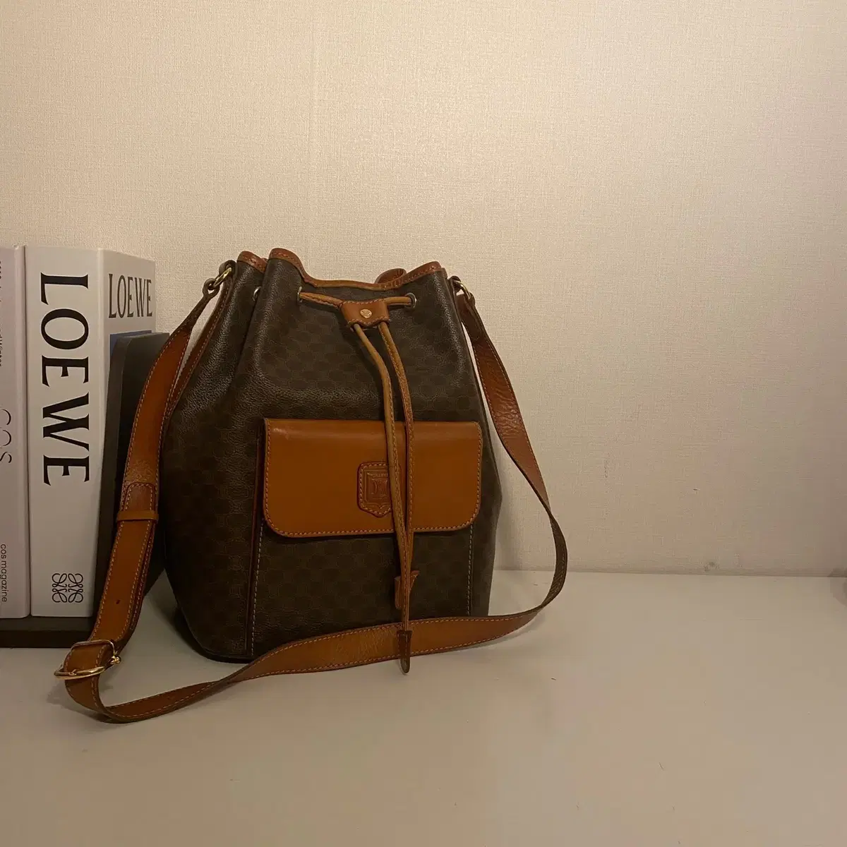 CELINE / Vintage Celine Brown Macadam Pocket Bucket Bag / Shoulder Bag