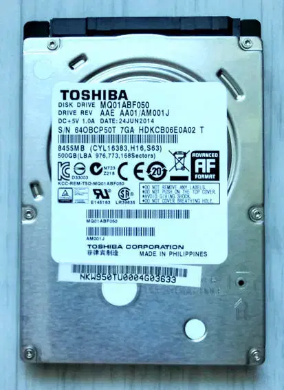 2.5" 500GB(519시간 사용,TOSHIBA HDD)노트북용 하드