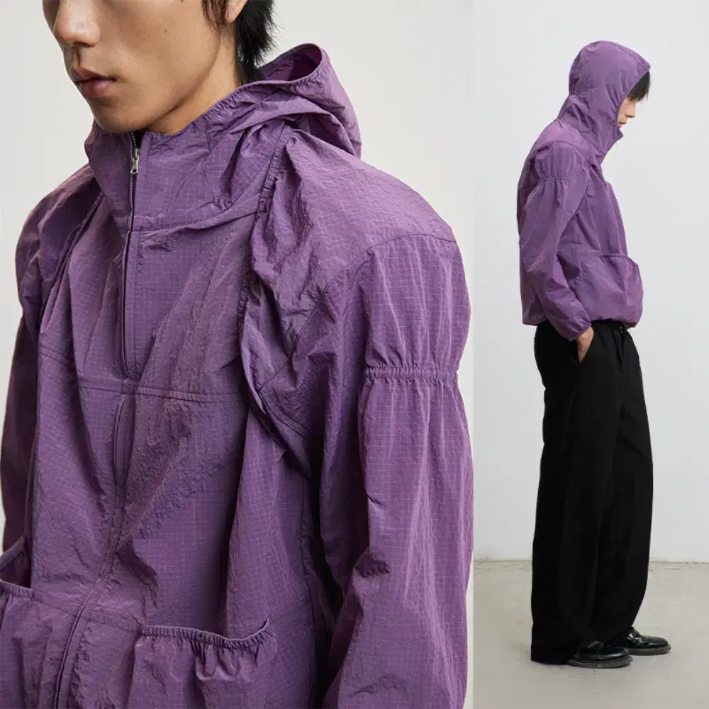 CONP Purple Hooded Zip-Up Shirred Poly Lightweight Training Jacket