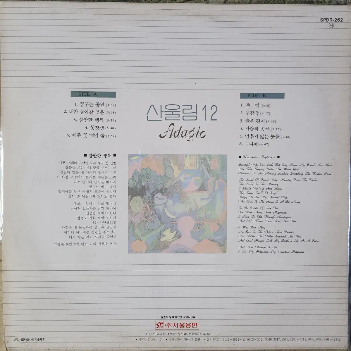 산울림 12집 LP (꿈꾸는 공원/불안한 행복/동창생)