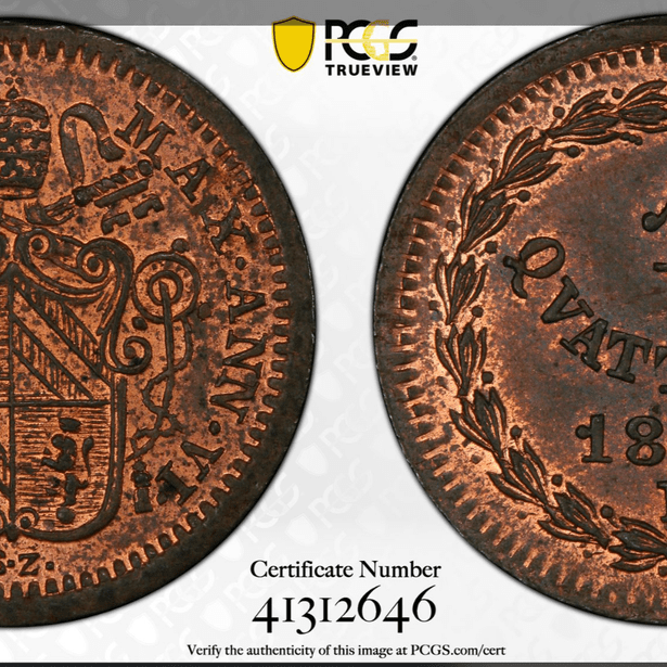 바티칸 교황령 1851년  1  콰트린 PCGS MS 63 RB