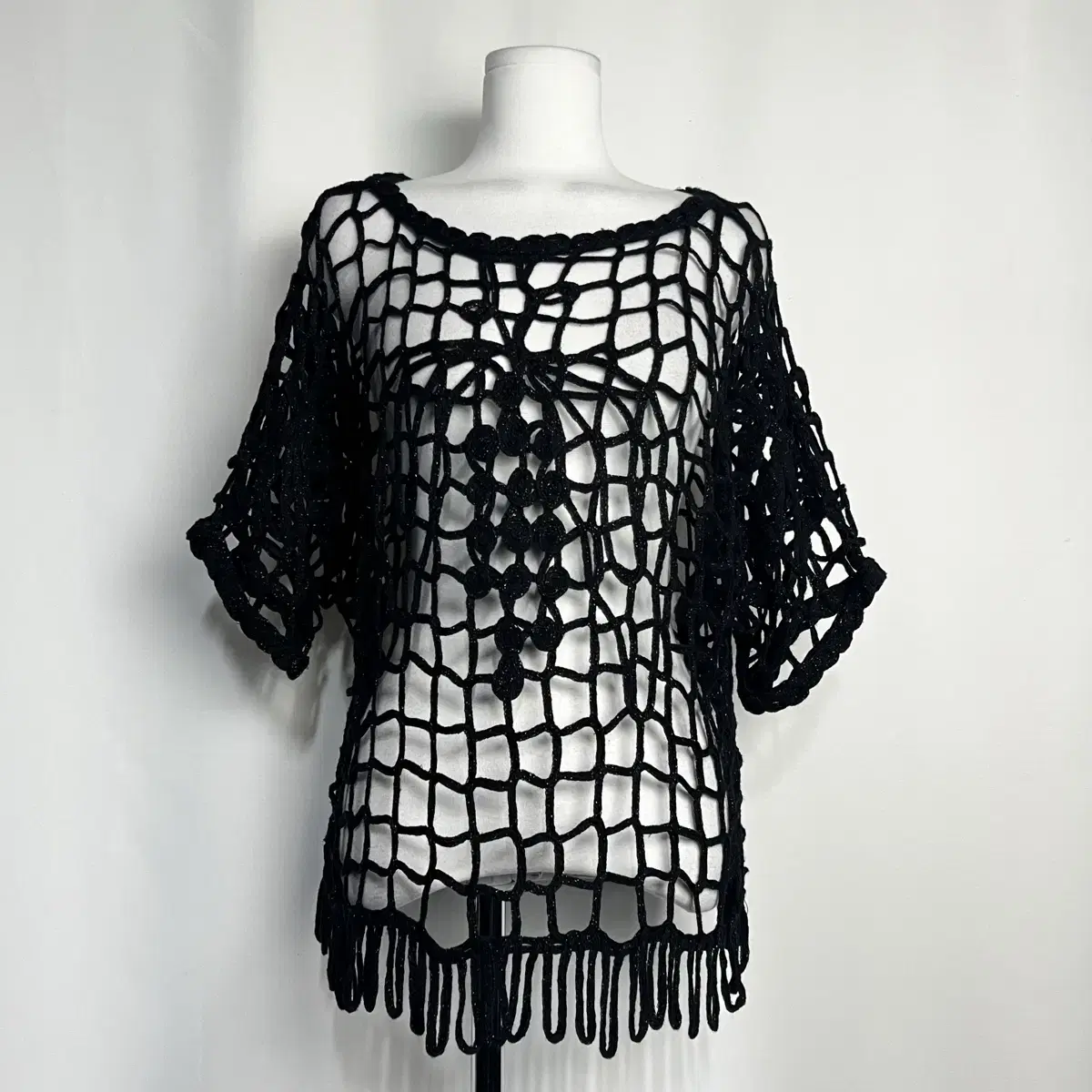 Peel Blue) Goth Layered Crochet Glitter Pointed Top