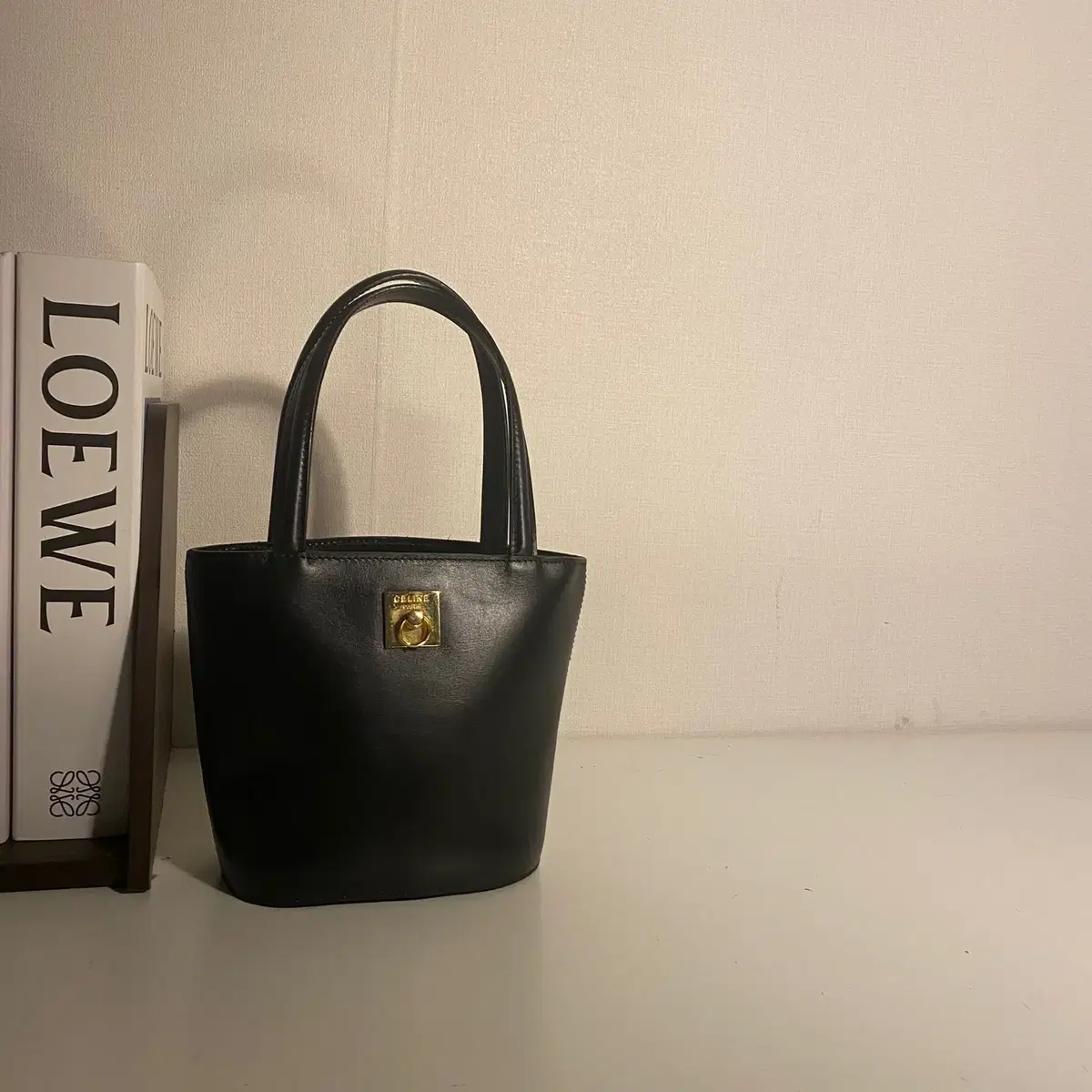 CELINE / Vintage Seline Gold-ringed Black Leather Mini Tote