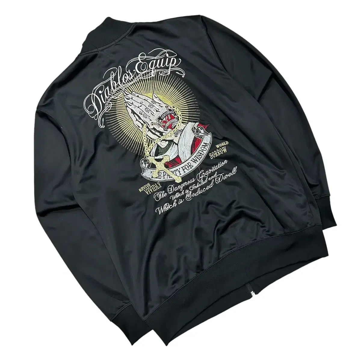 [2XL] Vintage Embroidered Black Jersey Zip-Up