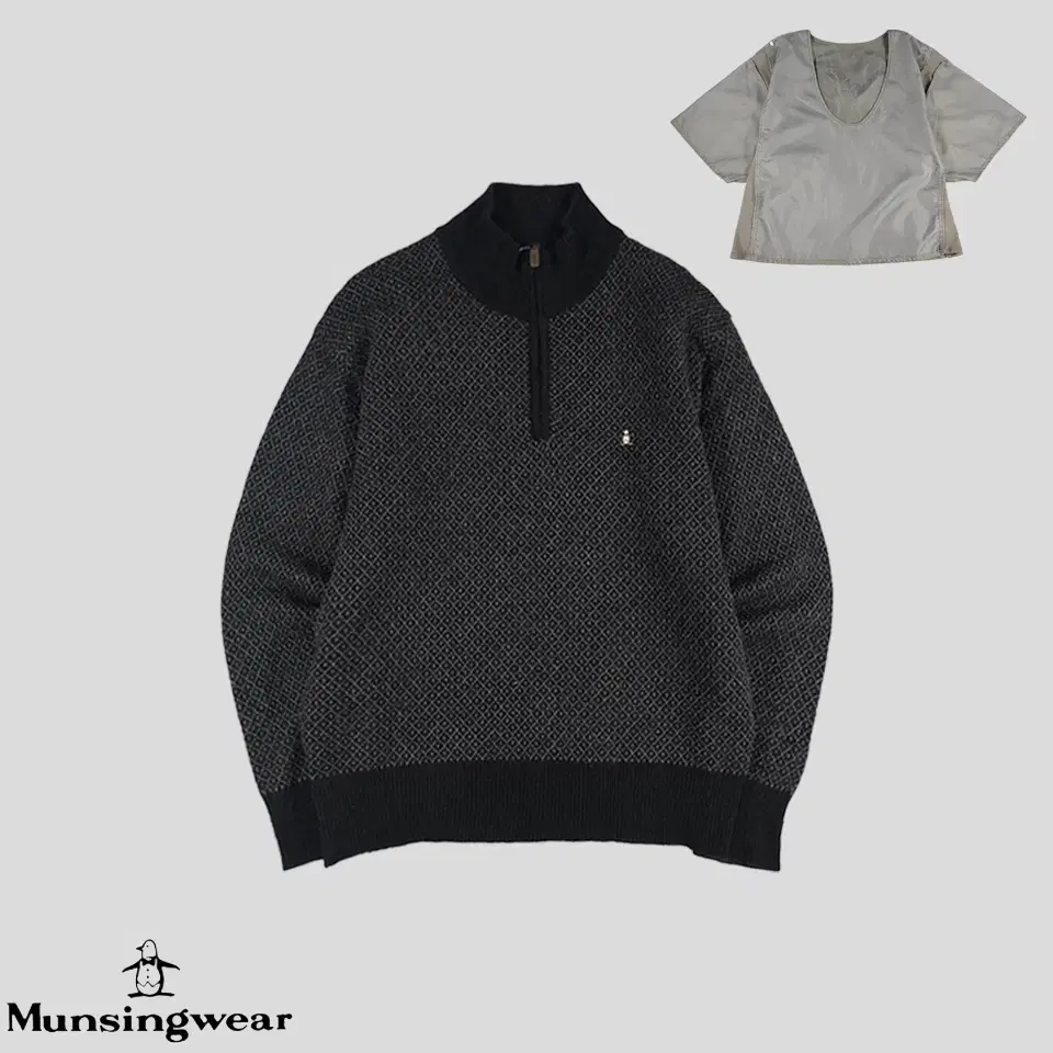 Munsingwear Grand Slam Black Charcoal Pattern Penguin Embroidered Heavy Wool Blend Half Zip Up Vahn