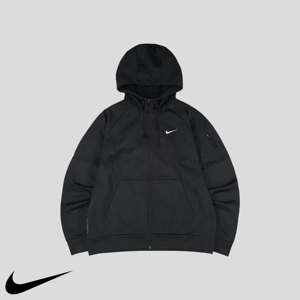 Nike Black White Swoosh Embroidered Arm Pockets Thermafit Polyfunctional Brushed Hoodie Zip Up