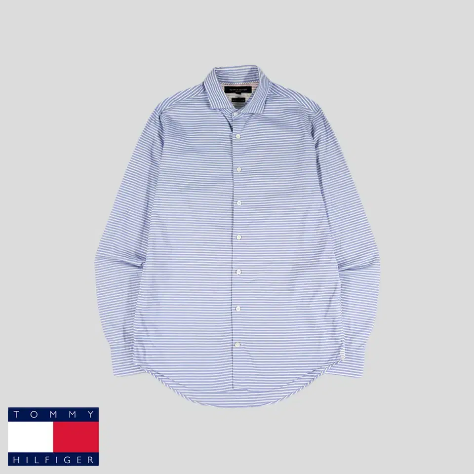 Tommy Hilfiger Bloo light blue white horizontal striped cotton100 cutaway