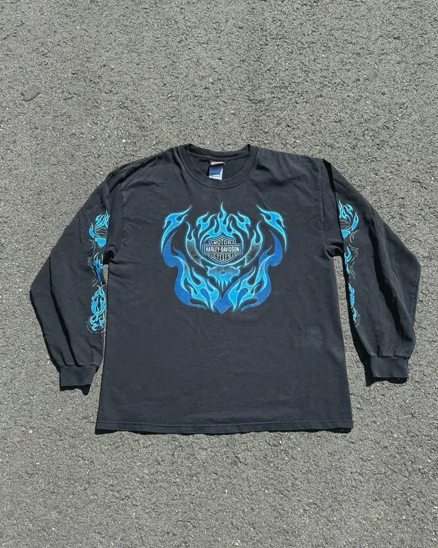 00s Harley Davidson blue flame long slee